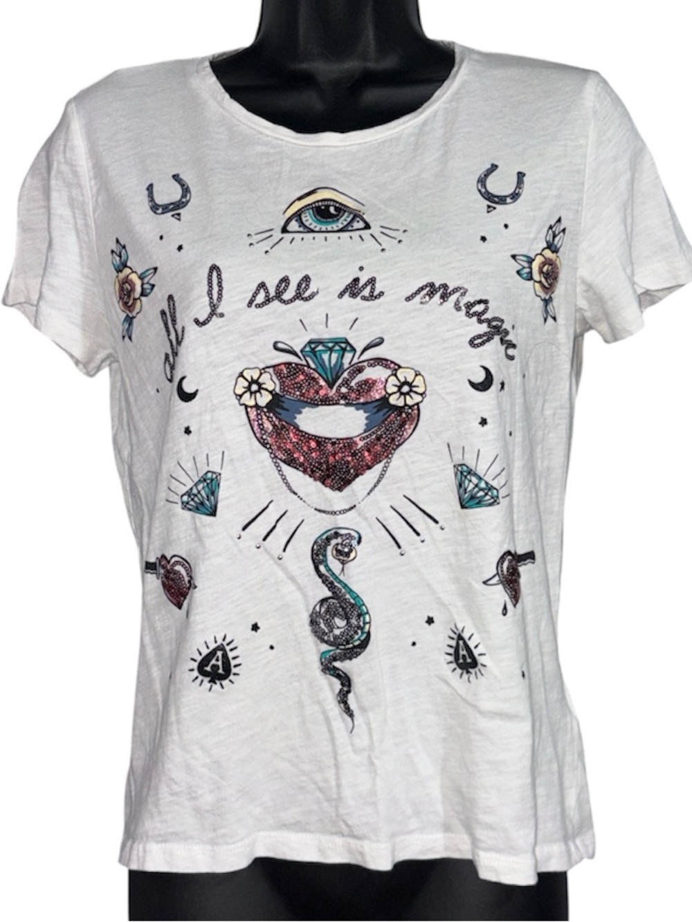 ONLY Sequinned Flash Tattoo Style Tee